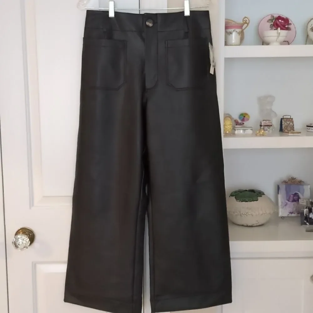 Anthropologie Maeve the Colette Cropped Wide-Leg Faux Leather Pants Black Sz 31